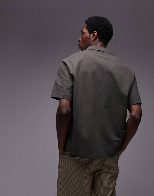Topman heavyweight crop fit revere polo in khaki - Image 3