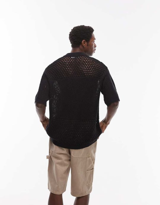Topman open knit pattern polo in black - Image 4