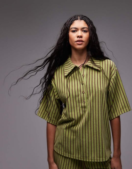 Topshop stripe towelling boxy polo co-ord in green - Image 1