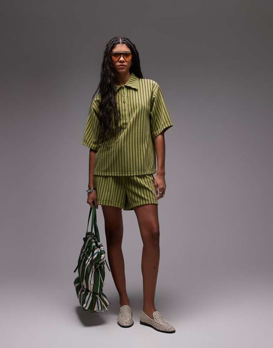 Topshop stripe towelling boxy polo co-ord in green - Image 3