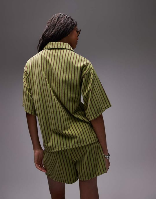 Topshop stripe towelling boxy polo co-ord in green - Image 4