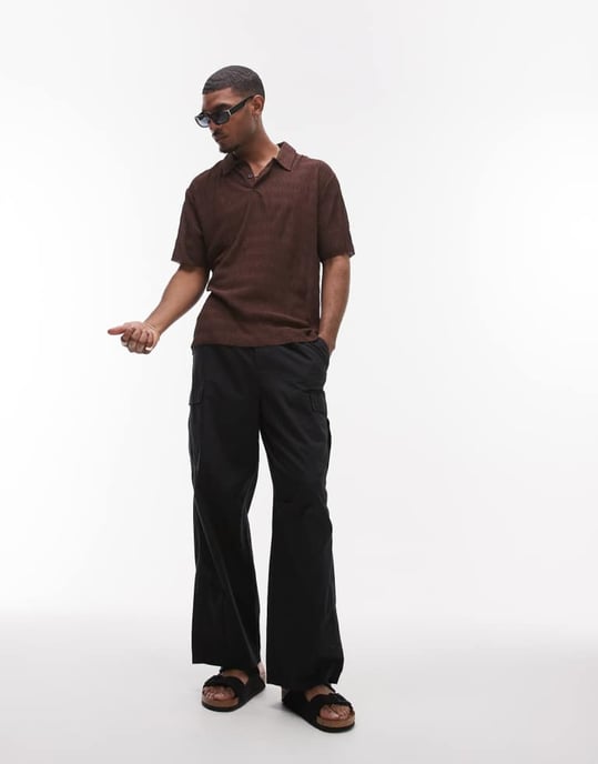 Topman relaxed fit plisse polo in brown - Image 2