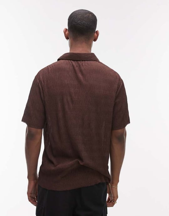 Topman relaxed fit plisse polo in brown - Image 3