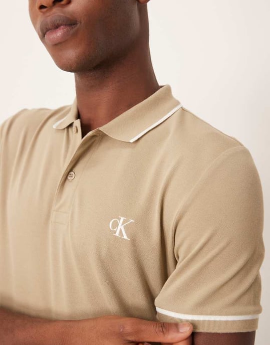Calvin Klein Jeans tipped polo in beige - Image 3