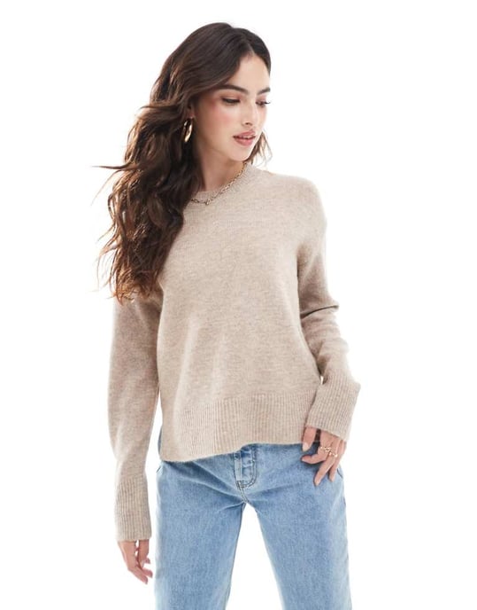 Pieces round neck jumper in stone - Image 1