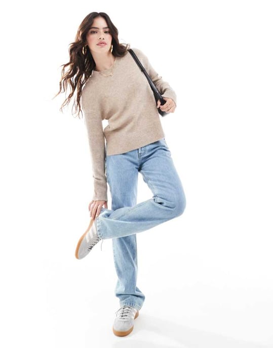 Pieces round neck jumper in stone - Image 3