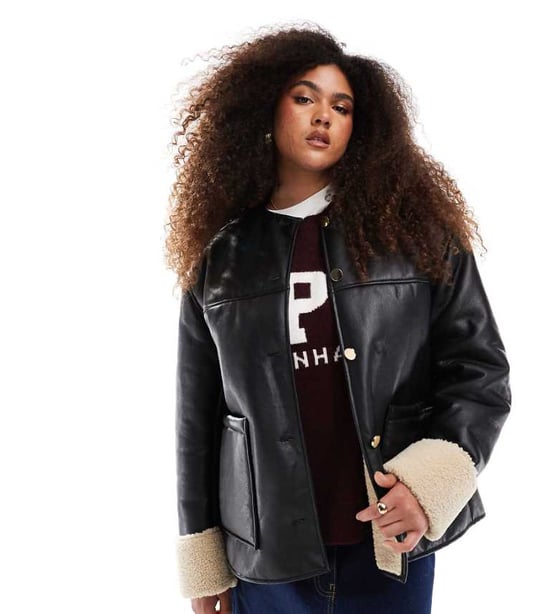 ASOS DESIGN Curve collarless borg bonded jacket in black - Image 1