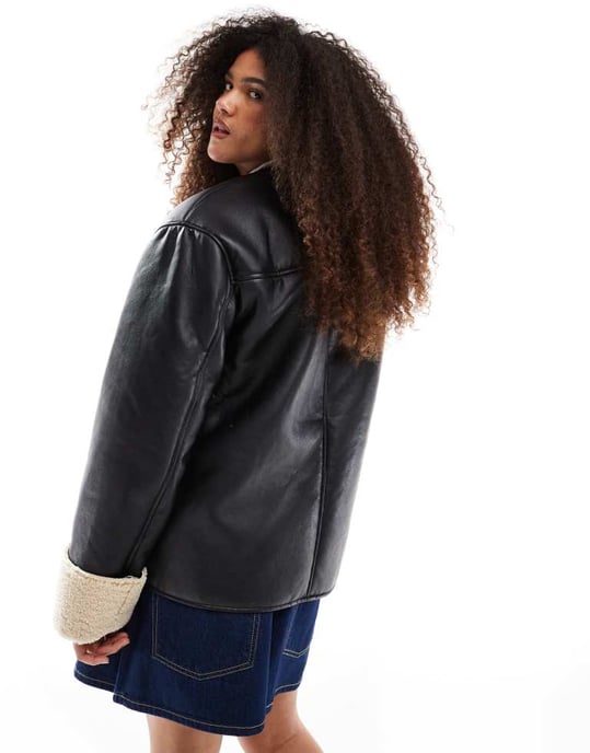 ASOS DESIGN Curve collarless borg bonded jacket in black - Image 2