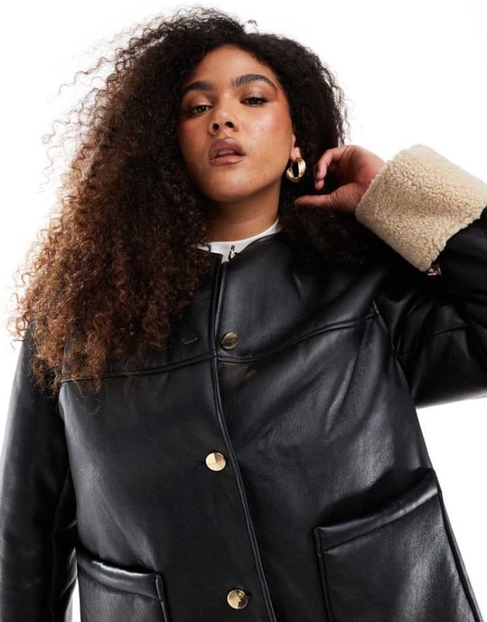 ASOS DESIGN Curve collarless borg bonded jacket in black - Image 4