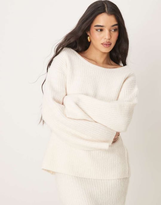 Gina Tricot co-ord chunky rib knitted sweater with tie back bow detail in cream - Image 2