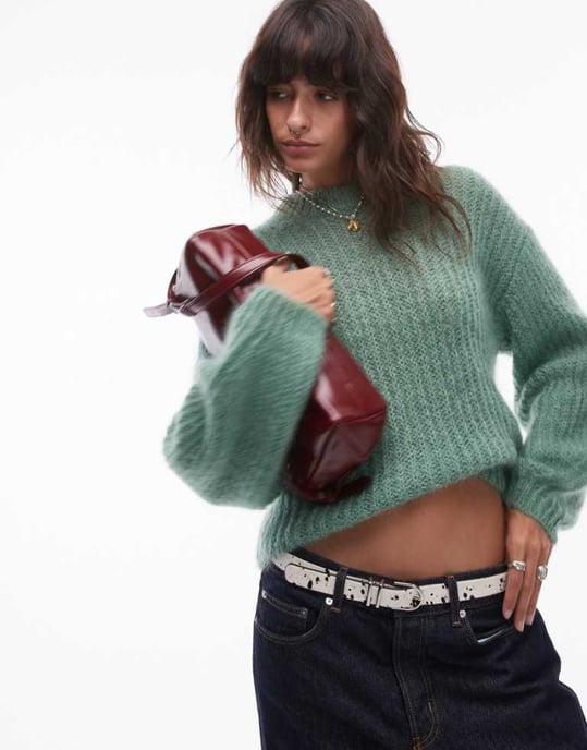 Topshop premium 70% mohair ribbed jumper in green - Image 1