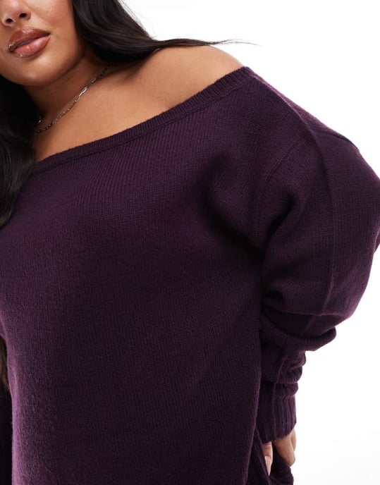 Yours off shoulder bardot jumper in burgundy - Image 3