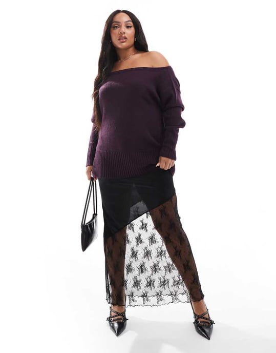 Yours off shoulder bardot jumper in burgundy - Image 4