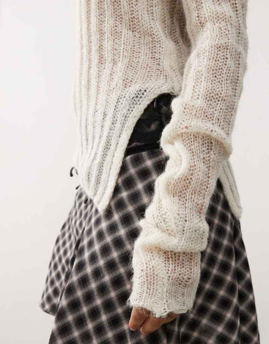 Monki långärmad off-shoulder stickad topp i ljusbeige - Image 3