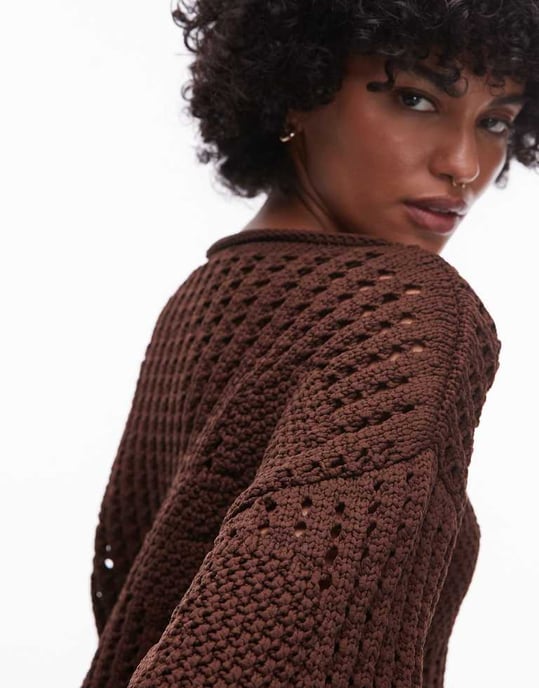 Topshop knitted crochet jumper with floral detail in brown - Image 3