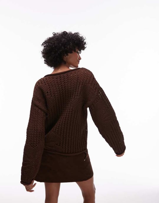 Topshop knitted crochet jumper with floral detail in brown - Image 4