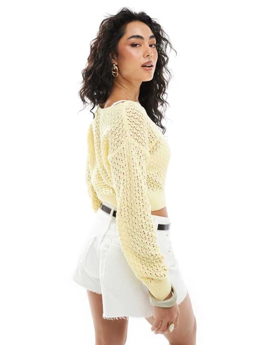 Miss Selfridge slash neck crochet long sleeve top in lemon - Image 3