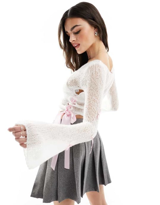 Miss Selfridge sheer knit contrast bow detail jumper in cream - Image 3