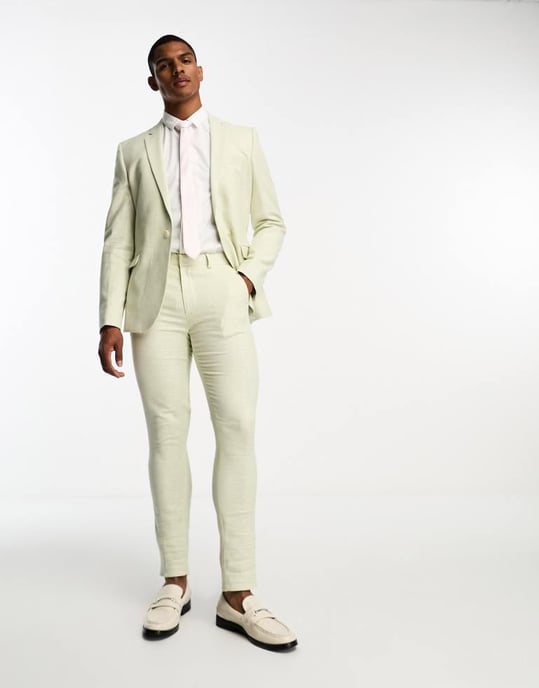 ASOS DESIGN super skinny kostymjacka i linne i hundtandsmönster i grön - Image 3