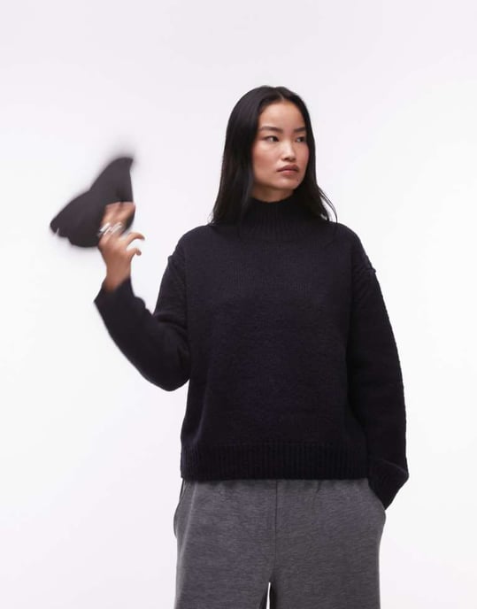 Topshop knitted seam stitch detail funnel relaxed jumper in navy - Image 1