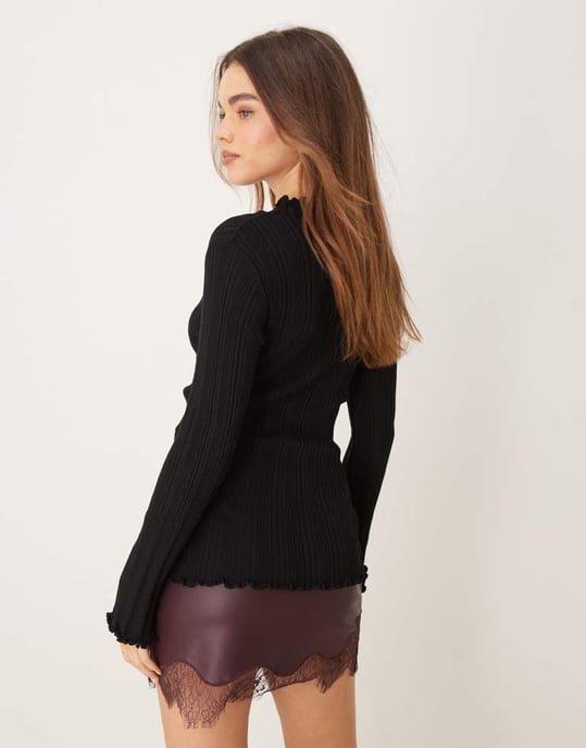 Gina Tricot long sleeve ribbed knit top with fluted funnel neck and cuffs in black - Image 3