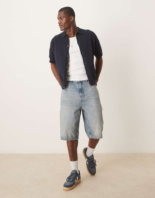 ASOS DESIGN relaxed lightweight knitted cotton button through polo in navy - Image 3
