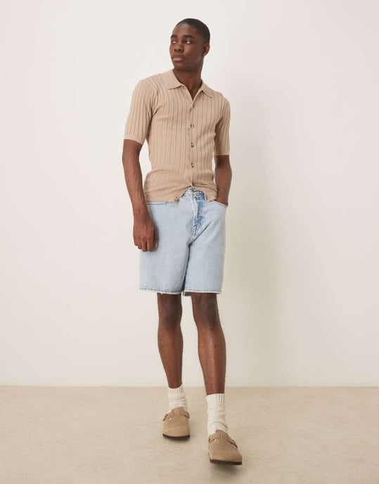 ASOS DESIGN lätt stickad ribbad knapp-polo i stenfärg - Image 2