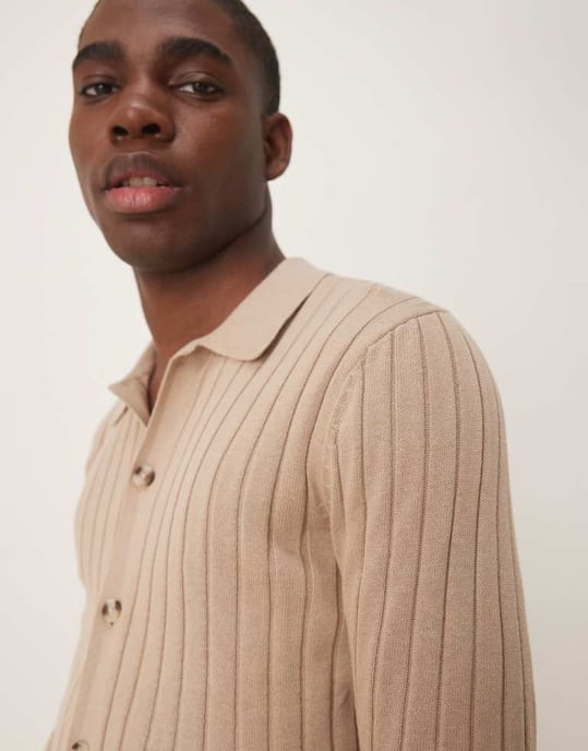 ASOS DESIGN lätt stickad ribbad knapp-polo i stenfärg - Image 3