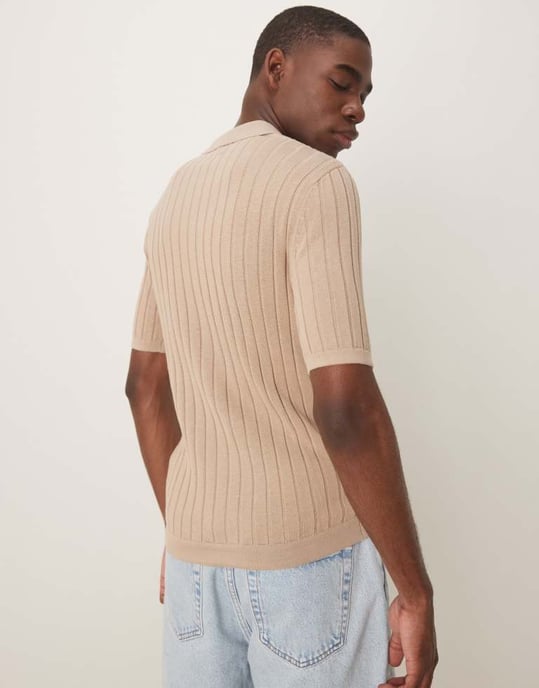 ASOS DESIGN lätt stickad ribbad knapp-polo i stenfärg - Image 4