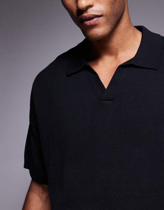ASOS DESIGN avslappnad stickad mellantjock bomullspolo med snittkrage i svart - Image 3