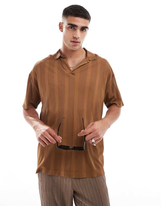 ASOS DESIGN oversized revere-polo i brun textur - Image 1