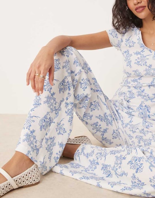 ASOS DESIGN waffle co-ord trouser in blue floral print - Image 4