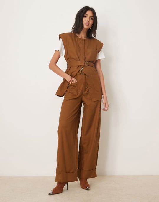 ASOS DESIGN relaxed trousers with turn up hem in tan co-ord - Image 1