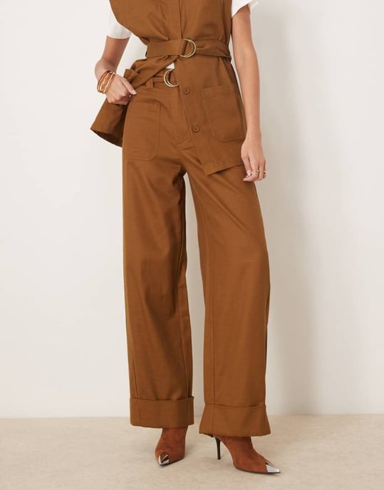 ASOS DESIGN relaxed trousers with turn up hem in tan co-ord - Image 4