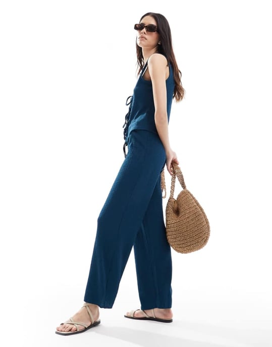 Vero Moda textured jersey trouser co-ord in navy - Image 1