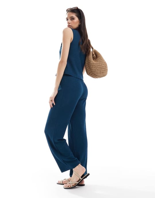 Vero Moda textured jersey trouser co-ord in navy - Image 2