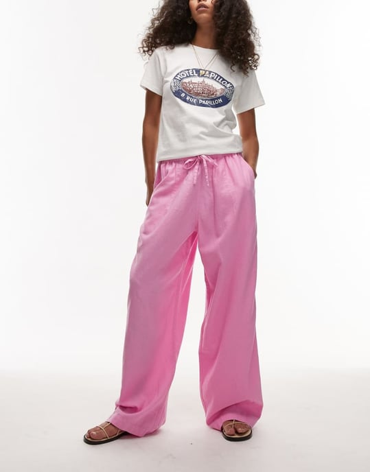 Topshop linen balloon trouser in pink - Image 3