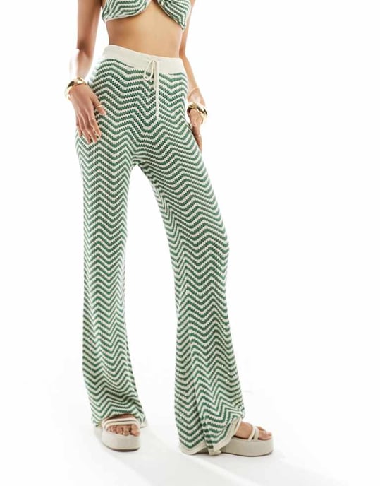 ASOS DESIGN stickad strandbyxa co-ord i grönrandig - Image 3