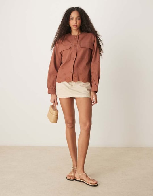 ASOS DESIGN collarless twill broderie jacket in rust - Image 3