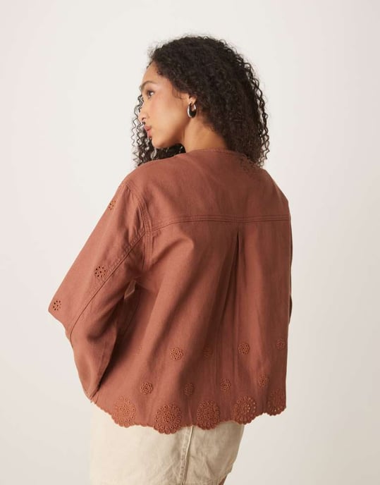 ASOS DESIGN collarless twill broderie jacket in rust - Image 4