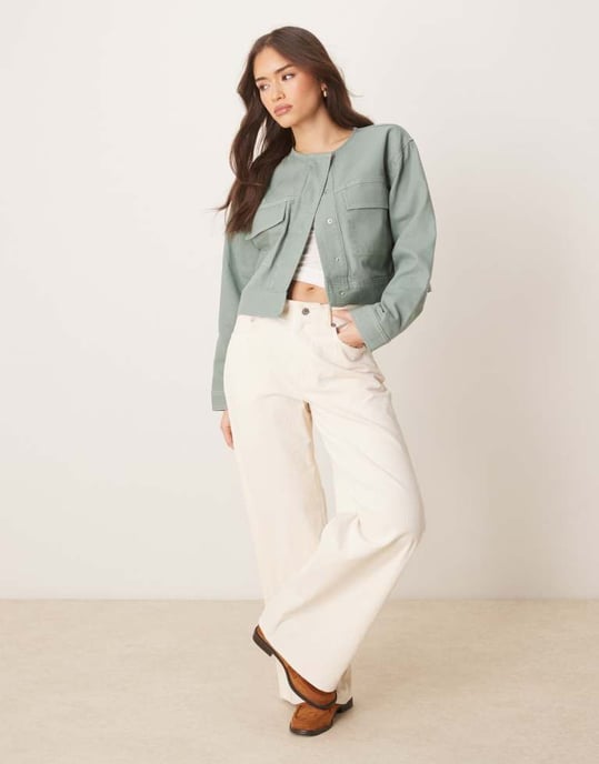 ASOS DESIGN twill collarless jacket in green - Image 3