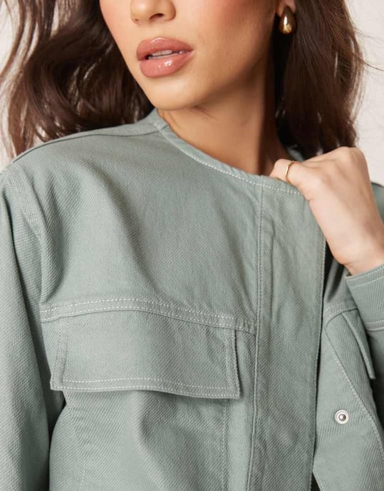 ASOS DESIGN twill collarless jacket in green - Image 4
