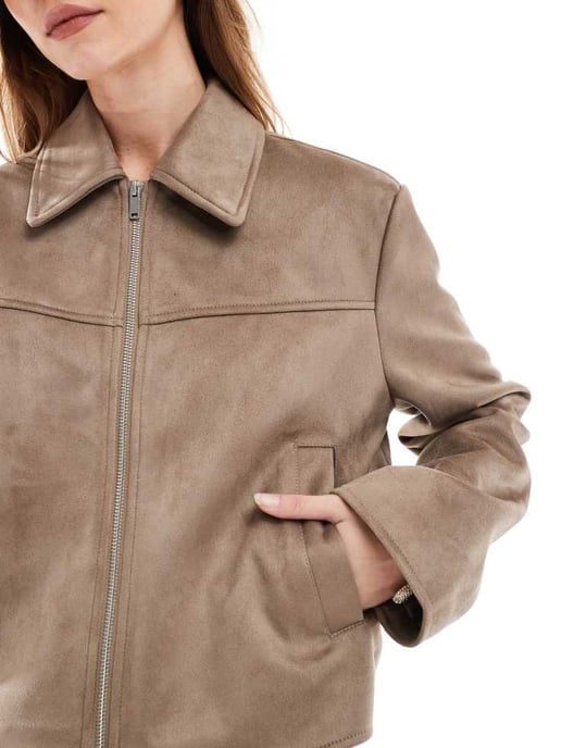 ASOS DESIGN faux suede top collar jacket in stone - Image 3