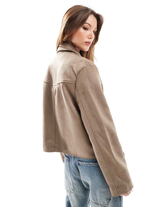 ASOS DESIGN faux suede top collar jacket in stone - Image 4