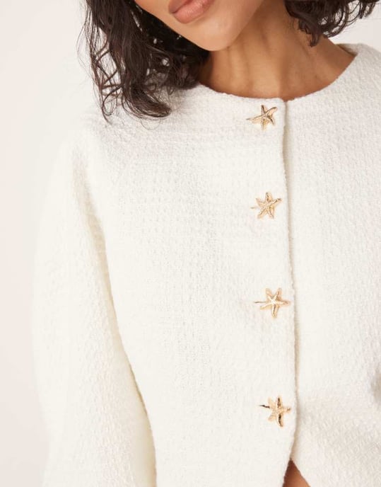 ASOS DESIGN boucle cocoon jacket with starfish buttons in buttermilk - Image 4