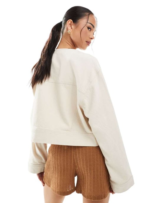 ASOS DESIGN twill collarless jacket in oatmeal - Image 2
