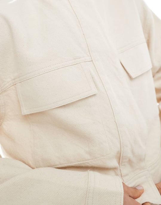 ASOS DESIGN twill collarless jacket in oatmeal - Image 3