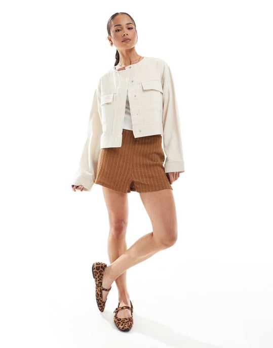 ASOS DESIGN twill collarless jacket in oatmeal - Image 4