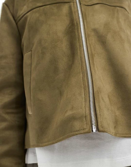 ASOS DESIGN faux suede top collar jacket in olive - Image 2