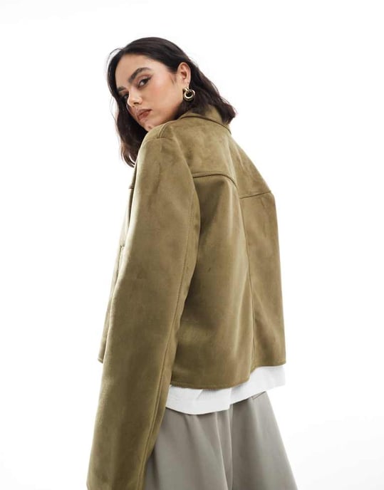 ASOS DESIGN faux suede top collar jacket in olive - Image 4